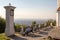 Old Couple, Senior lovers, sitting and looking at the aerial panorama of Vrsac from the Vrsacki Breg, major touristic destination