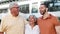 Old couple, son and smile with hug outdoor for connection love on vacation for Mexico holiday, support or care. Happy
