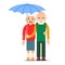 Old couple under umbrella. An elderly man stands and holds an umbrella over an elderly woman. Illustration of people characters