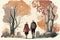 Old couple walking together in a park. Elderly love. Vector art of romance. Painting of relationship