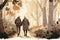 Old couple walking together in a park. Elderly love. Vector art of romance. Painting of relationship