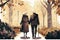 Old couple walking together in a park. Elderly love. Vector art of romance. Painting of relationship