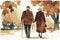 Old couple walking together in a park. Elderly love. Vector art of romance. Painting of relationship