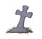 Old cracked cross over ancient gravestone. Christian granite tombstone with ground and grass. Religious burial art. Hand