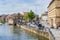 Old cranes on the banks of the Regnitts river in Bamberg, German