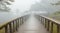 An old, creaky wooden bridge surrounded by mist