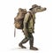 Old Crocodile Walking On Two Feet With Hobo Stick And Backpack