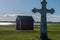 Old cross near Saint Birgittas chapel ruin on a sunny spring day. Kapelludden on Oland, Sweden