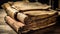 Old, damaged books or history scrolls written in the Middle Ages or earlier.