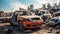 Old damaged cars on the junkyard waiting for recycling