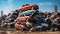 Old damaged cars on the junkyard waiting for recycling