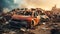 Old damaged cars on the junkyard waiting for recycling. Pile of discarded old cars