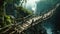 Old dangerous wooden bridge in tropical mountains, vintage suspension footbridge across river. Scenery of green jungle and water.