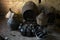 Old demijohns aged wine bottles and wooden barrels in a basement