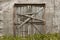 Old deserted door closed and boarded up by tin and wooden plates with green plant growing at the bottom