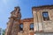 Old destroyed church. Ruins of  catholic Church. Old dilapidated  building with red brick columns. Historical value 18th century.