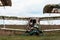 Old destroyed Soviet abandoned military airplanes in the field in Ukraine