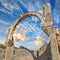 Old dilapidated city of Ephesus, Turkey under cloudy sky. Sightseeing and overseas travel for holiday, vacation and