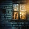 an old dilapidated house with a broken window and trees in the background