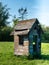 Old, dilapidated playhouse for children on a meadow