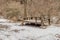 Old dilapidated wooden Korean picnic table in wilderness