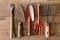 Old dirty grunge rusty gardening tools on dirty grunge wooden background