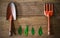 Old dirty grunge rusty gardening tools with green leaves on dirty grunge wooden background