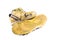 Old dirty yellow  football shoes damaged on white background football  object isolated