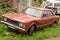 Old discarded rusty car on green grass background