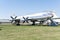 Old discommissioned plane Tu 114 stand in field in opened air museum. History of aviation