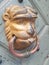 Old doorhandle lion head. Lion head with ring. Antique door handle