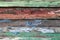 Old dried paint on wooden planks, red, green, blue