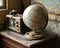 On an old dusty wooden desk there is an old dusty radio and an old dusty globe