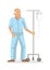 Old elderly patient walking with a drip on stand in the hospital