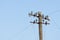 Old electric wooden pole with glass and ceramic insulators and electric wires.