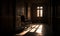 Old empty corridor. Vintage abandoned building with window. Generative AI