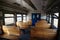 Old empty wagon of train. Wooden seats in an empty coach of train