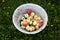 Old enameled metal basin with rotten ugly apples