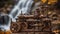 old engine Steam punk waterfall of invention, with a landscape of wooden gears and tools, with a Waterfall