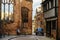 Old English Architecture street in Coventry, destroyed Cathedral from Second World War