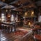 Old English pub with dark wood cozy fireplaces