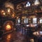 Old English pub with dark wood cozy fireplaces