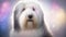 Old English Sheepdog Dog Medium Shot White Pink Blue Magical Fantasy Bokeh. Generative AI