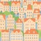 Old European city. Decorative beige houses with tiled roofs. Seamless pattern