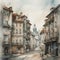 old European city with winding streets watercolor