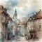 old European city with winding streets watercolor