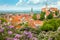 Old European Town with castle, clock and flowers