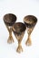 Old exotic tropical eastern wooden three coconut torches on white background