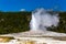 Old Faithful geyser just starting too shoot into the air at Yellowstone Park Wyoming