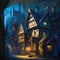 Old fantastic gothic houses on a medieval street. Generative AI